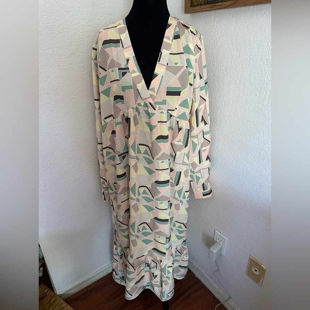 Silk & Salt Long Sleeve Geometric Print Maxi Dress Kaftan - Size Large NWT